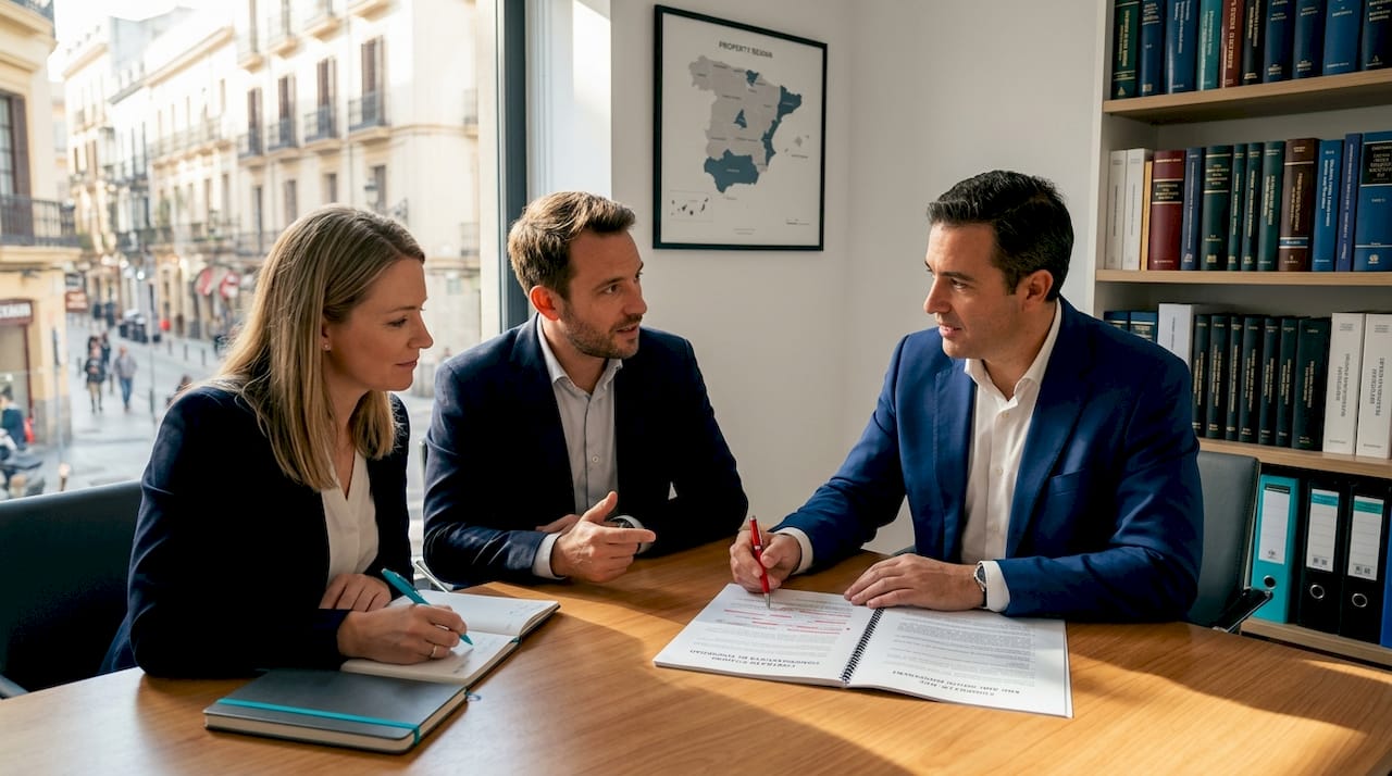 Expatriate couple meeting Spanish property lawyer