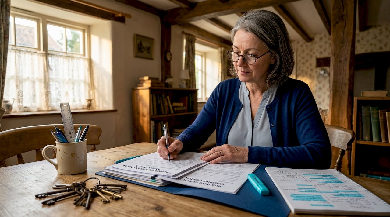 Inspector reviewing property paperwork at kitchen table