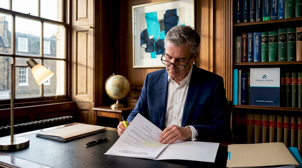 Notary inspecting legal documents in office