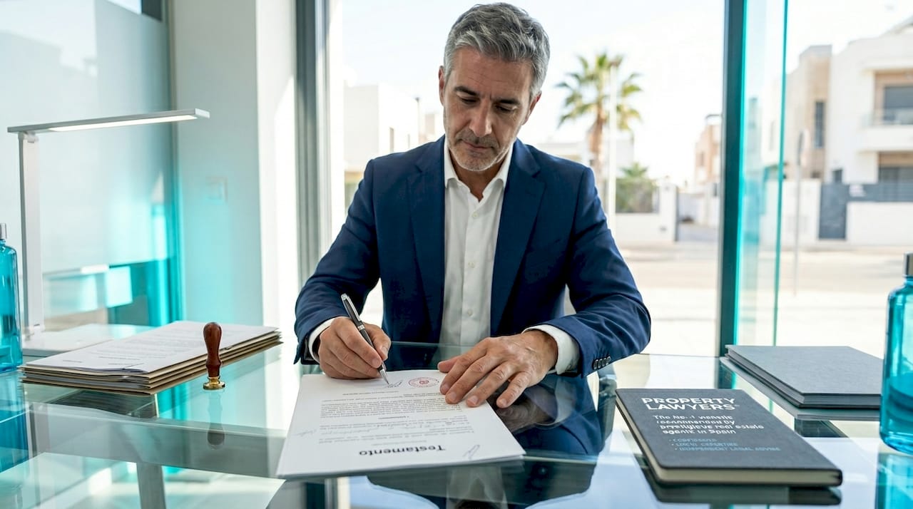 Person signing Spanish will at notary desk