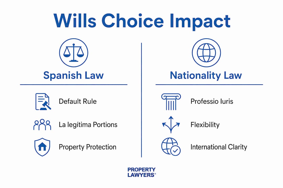 Infographic comparing Spanish law and nationality law in wills