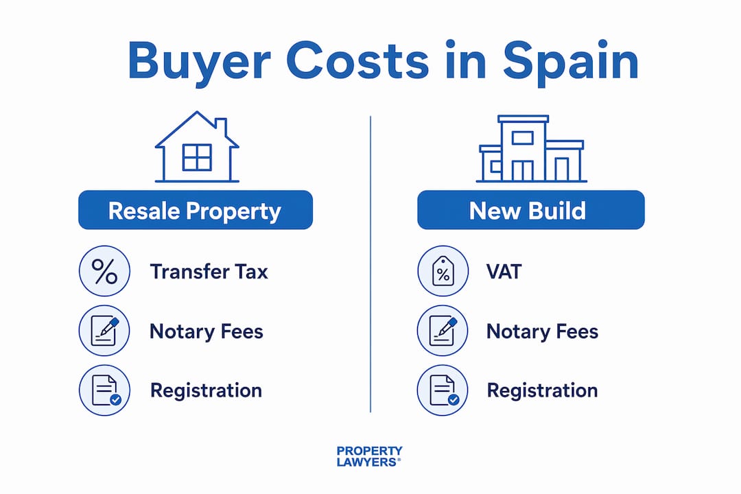 Infographic comparing buyer costs for resale and new build properties in Spain
