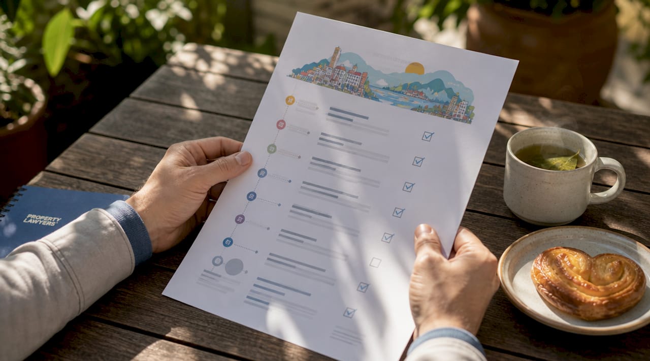 Overhead view of property purchase timeline checklist