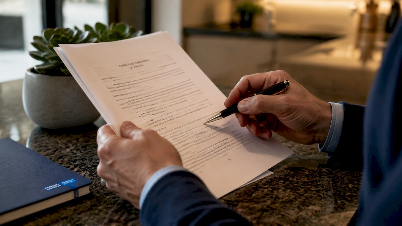 Close-up of hands reviewing Spanish property contract