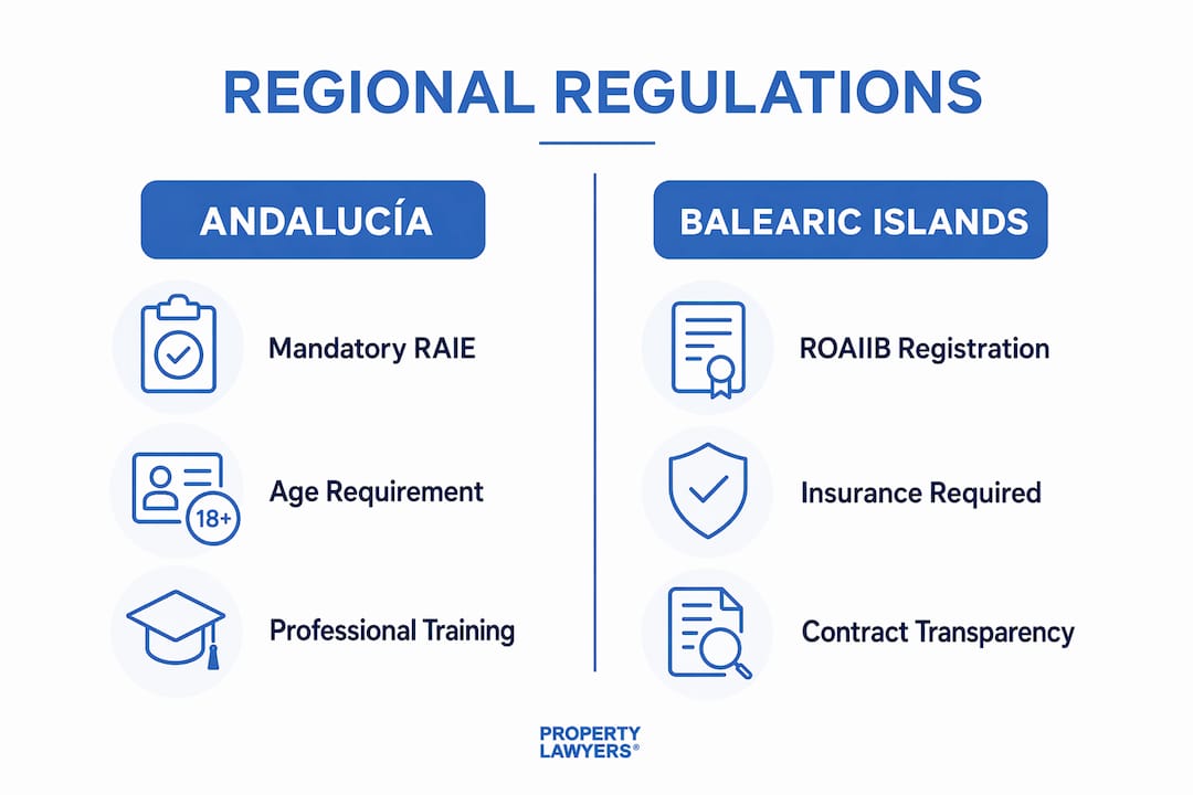 Infographic comparing Spanish regional regulations for real estate agents