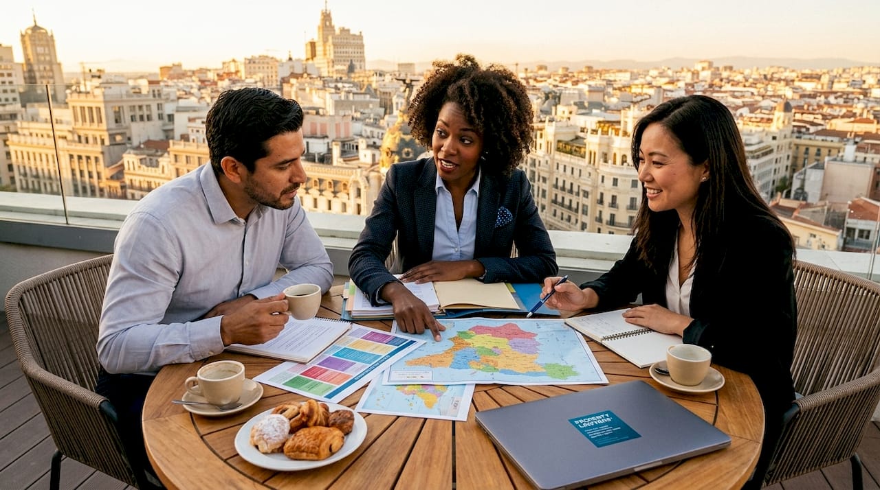 Lawyers discussing regional Spanish civil law maps
