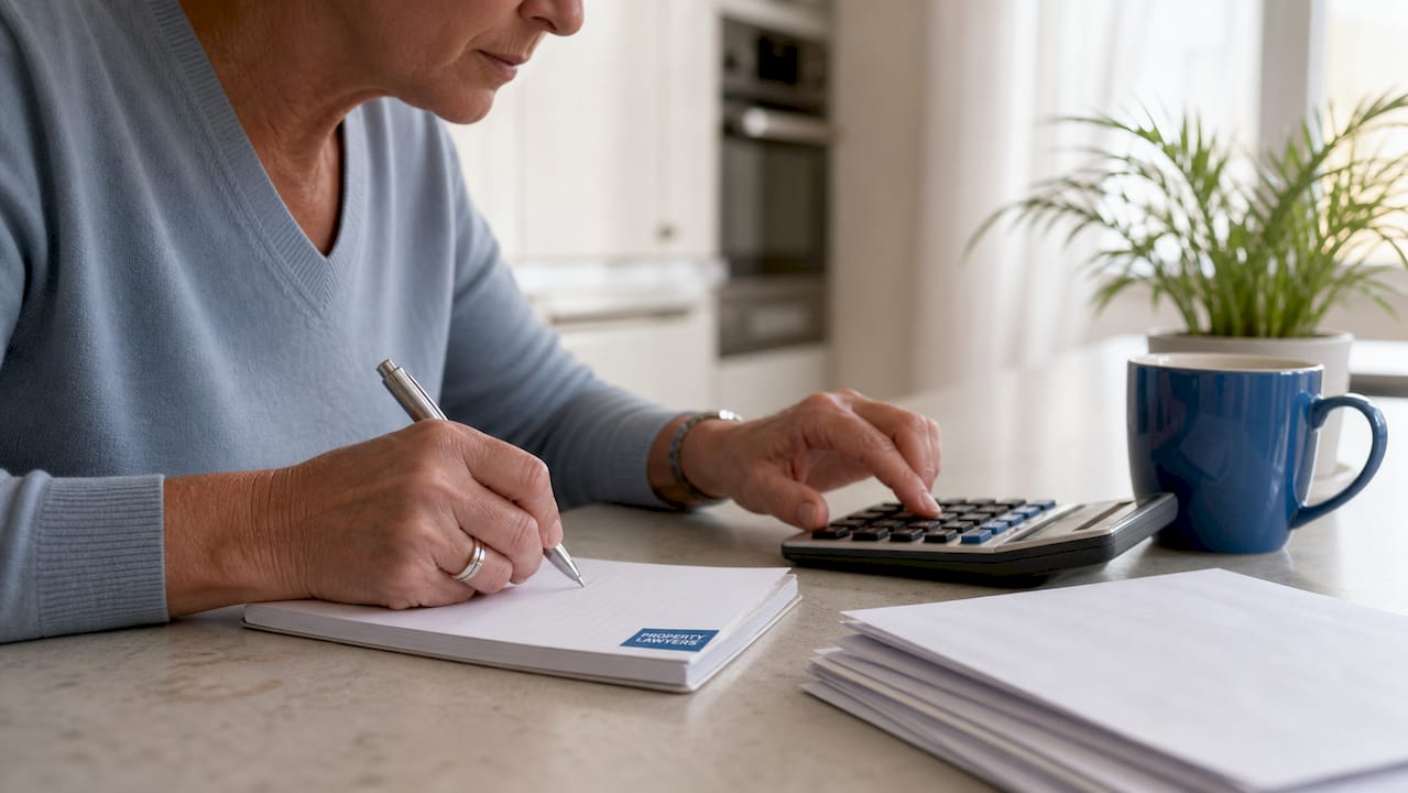 Close-up of hands calculating local property tax