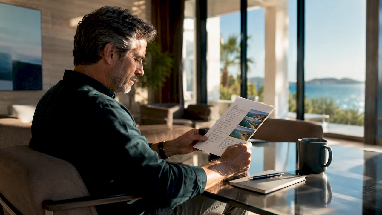Investor reviewing coastal property purchase checklist