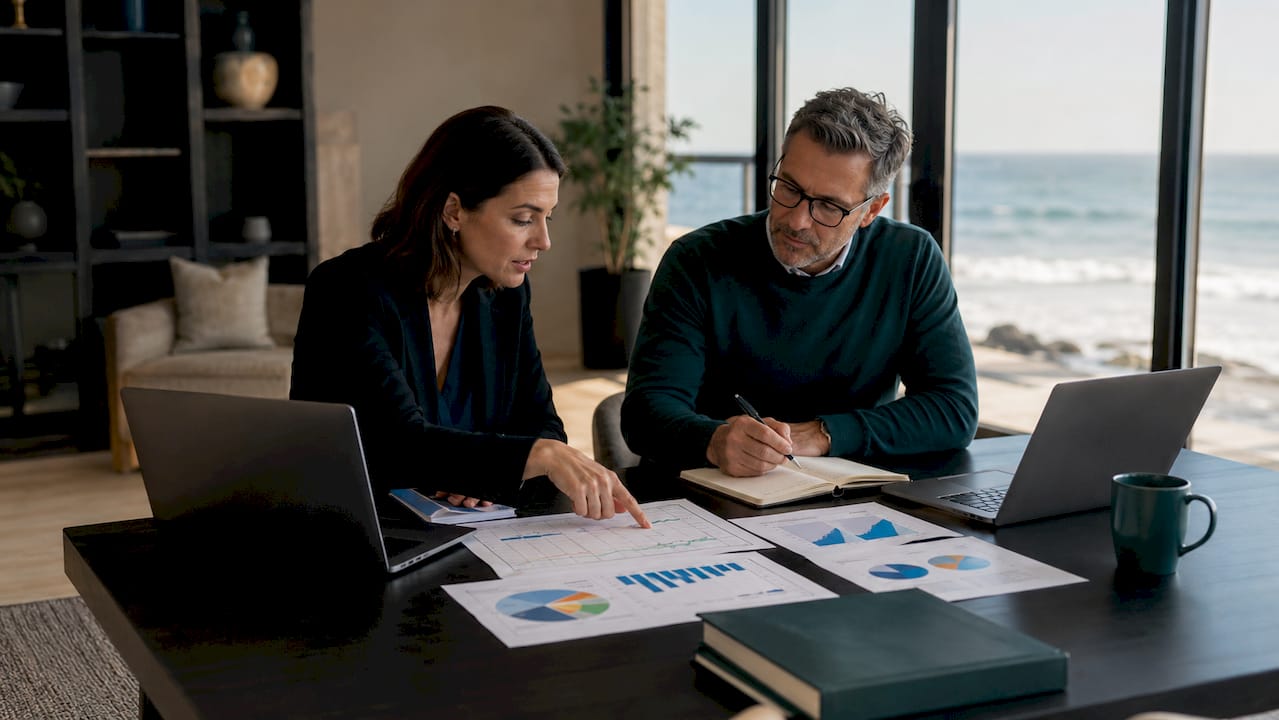 Professionals discussing property sale timing at table