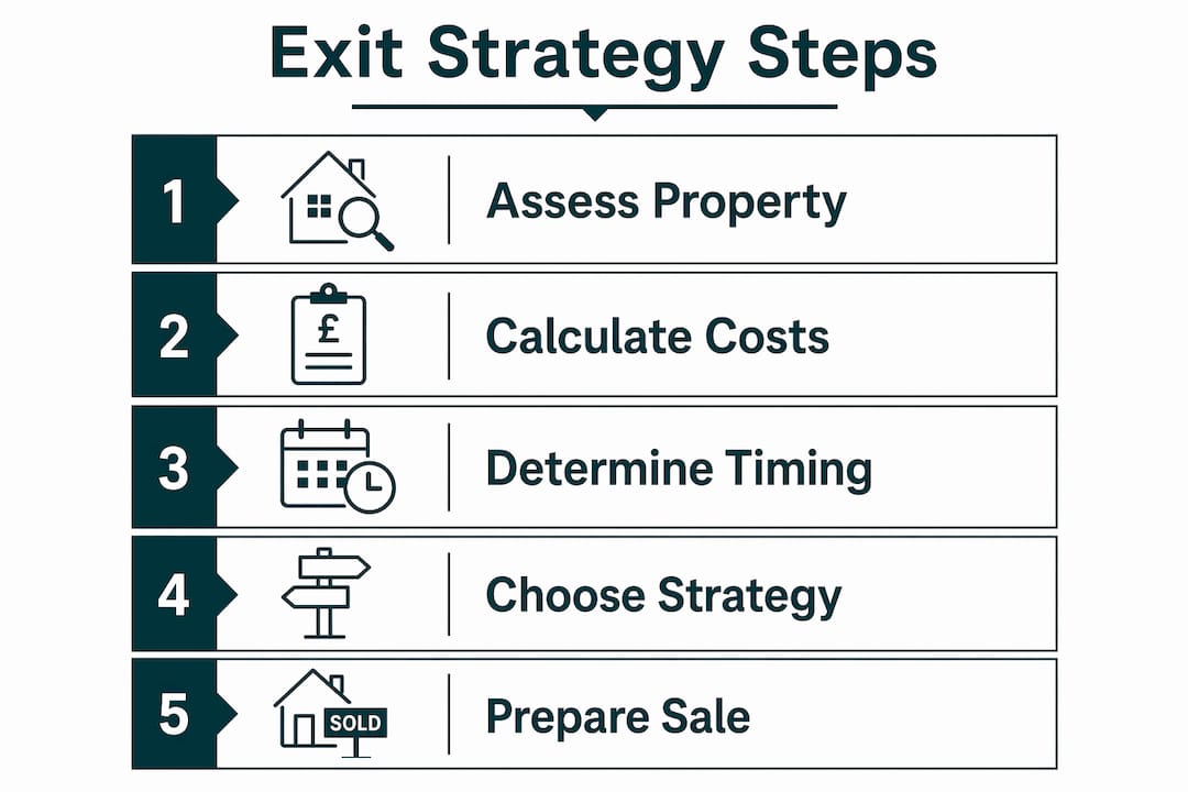 Infographic illustrating five key steps to exit property investment profitably