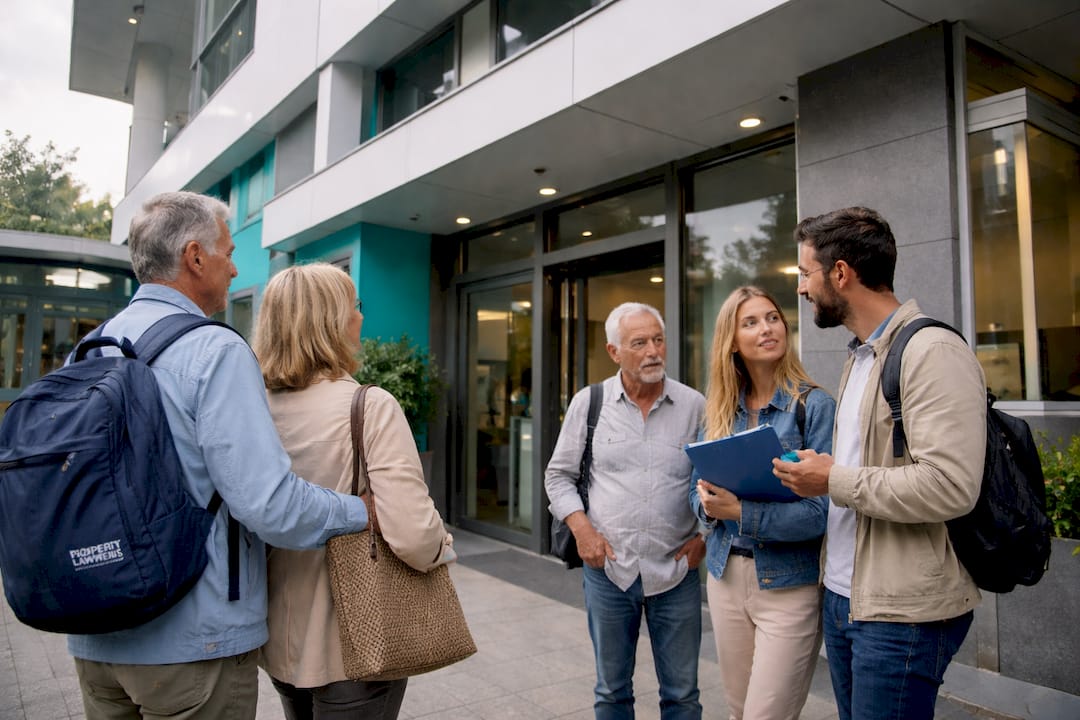 Exterior of Spanish Land Registry office with visitors