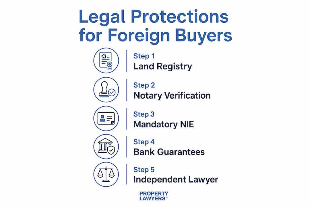 Infographic illustrating legal protection steps for foreign buyers in Spain