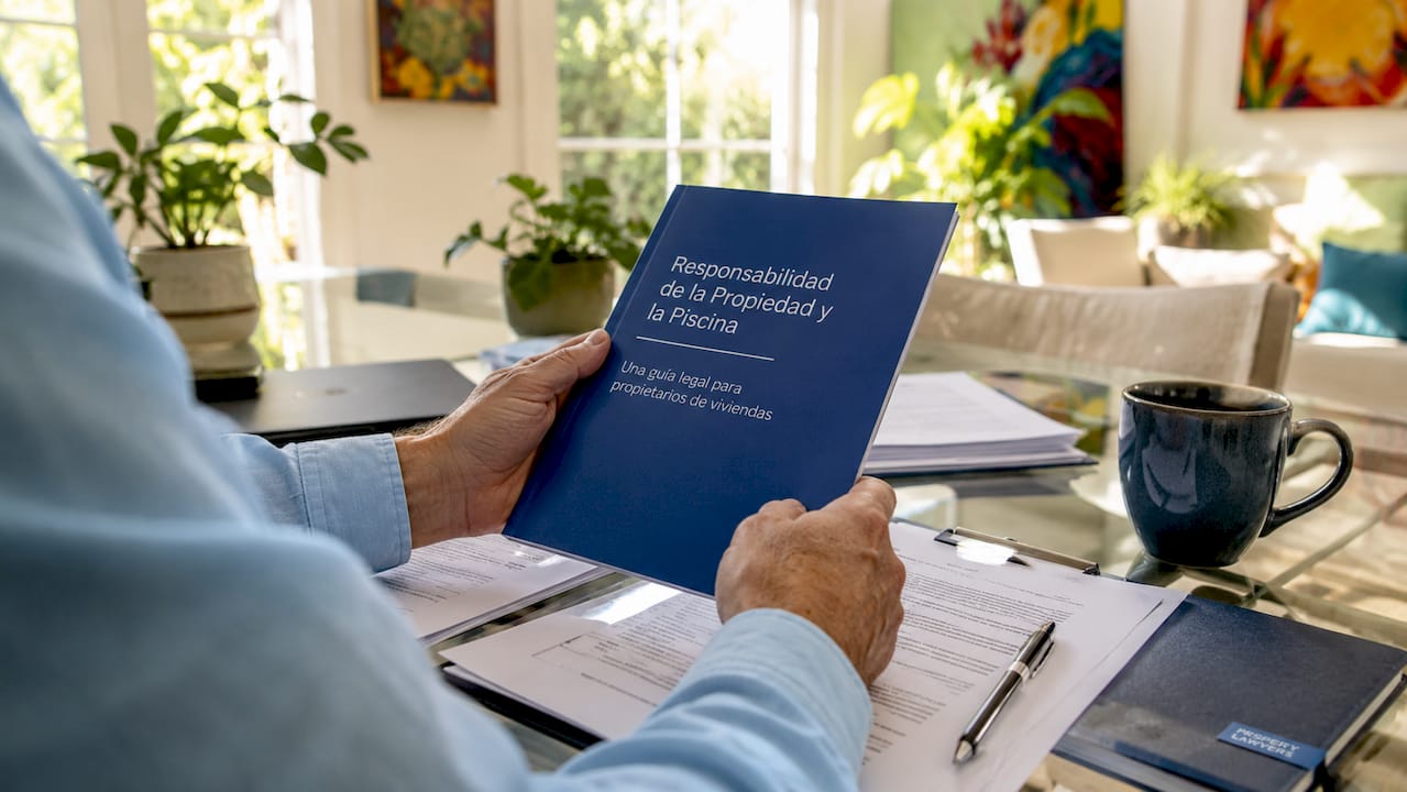 Hands holding Spanish pool liability law booklet