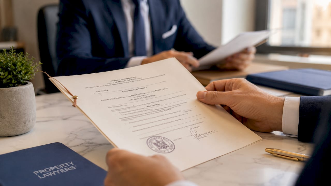 Close-up of hands holding Spanish property deed