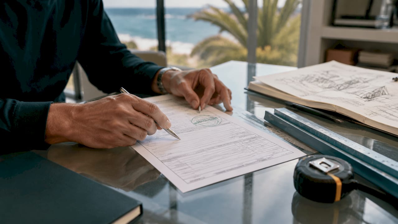 Hands pointing at building permit document