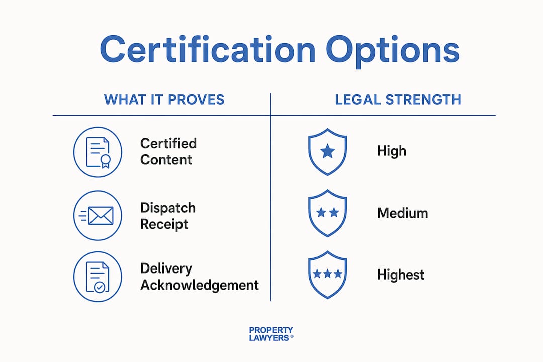 Infographic showing burofax certification options and legal strength