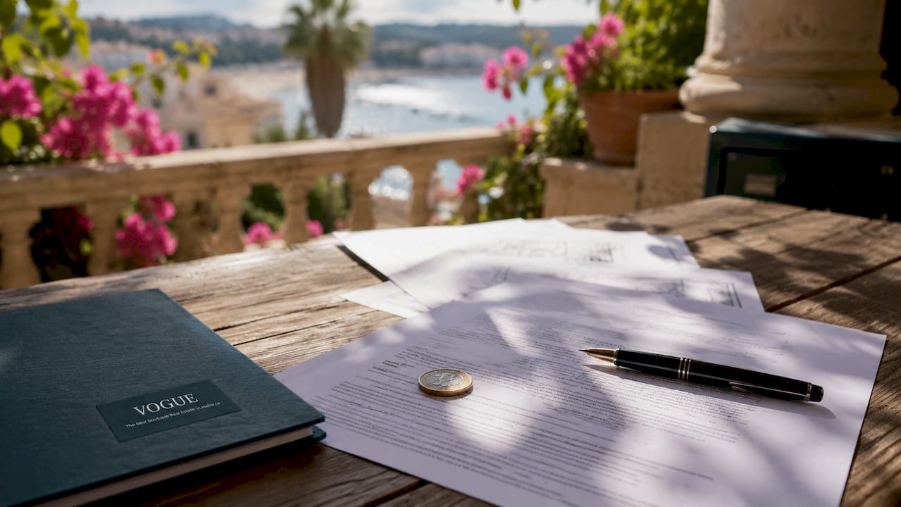 Documents and euro coin on terrace table
