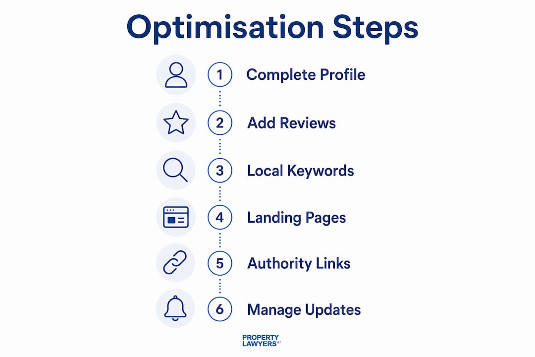 Infographic illustrating six lawyer directory optimisation steps