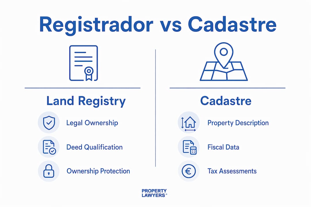 Infographic comparing Registrador and Cadastre roles in property law