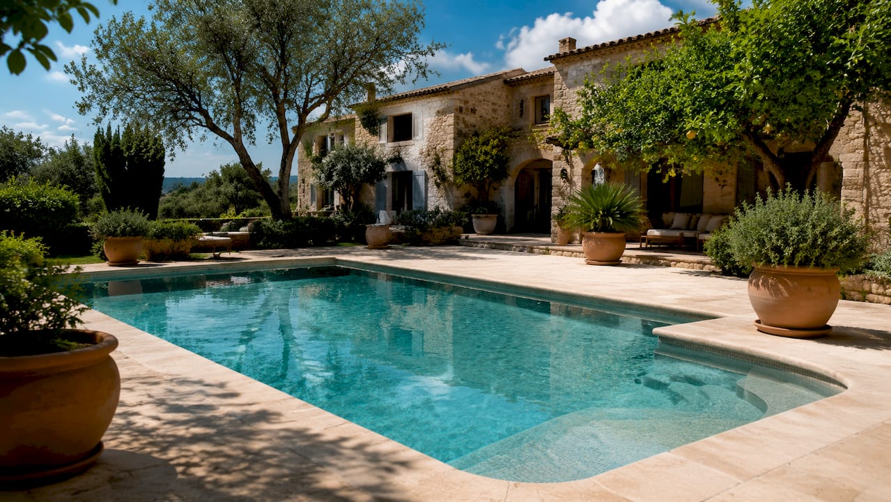 Close-up of Mallorca sandstone pool edge and terracotta pots