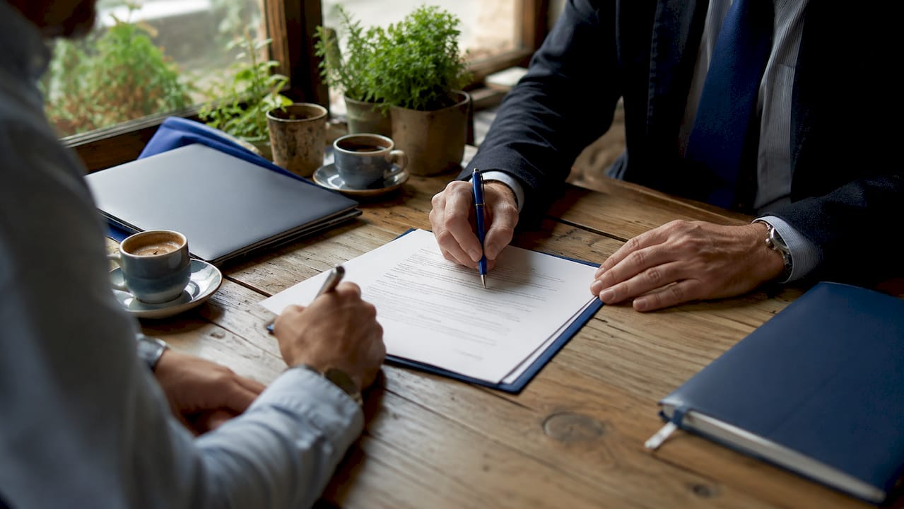 Hands signing property purchase contract Spain