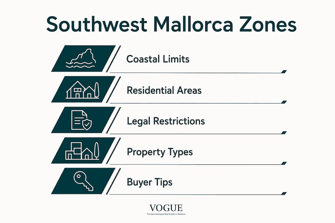 Infographic illustrating southwest Mallorca property zones and key factors