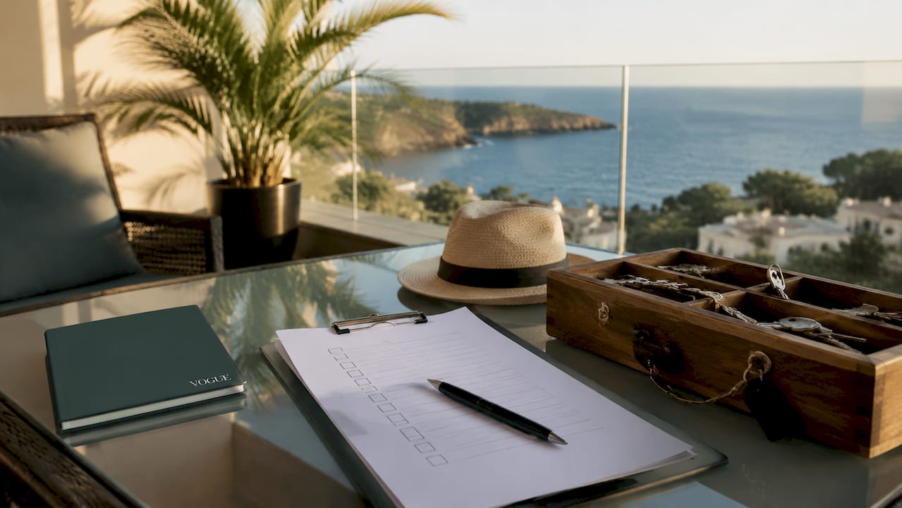 Property management checklist and keys on desk with seaside view