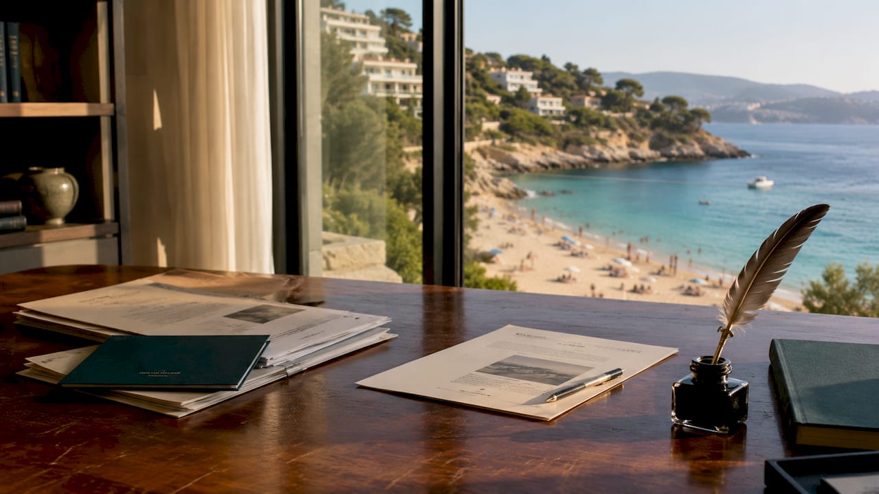 Documents and pen on desk with Mallorca beach view