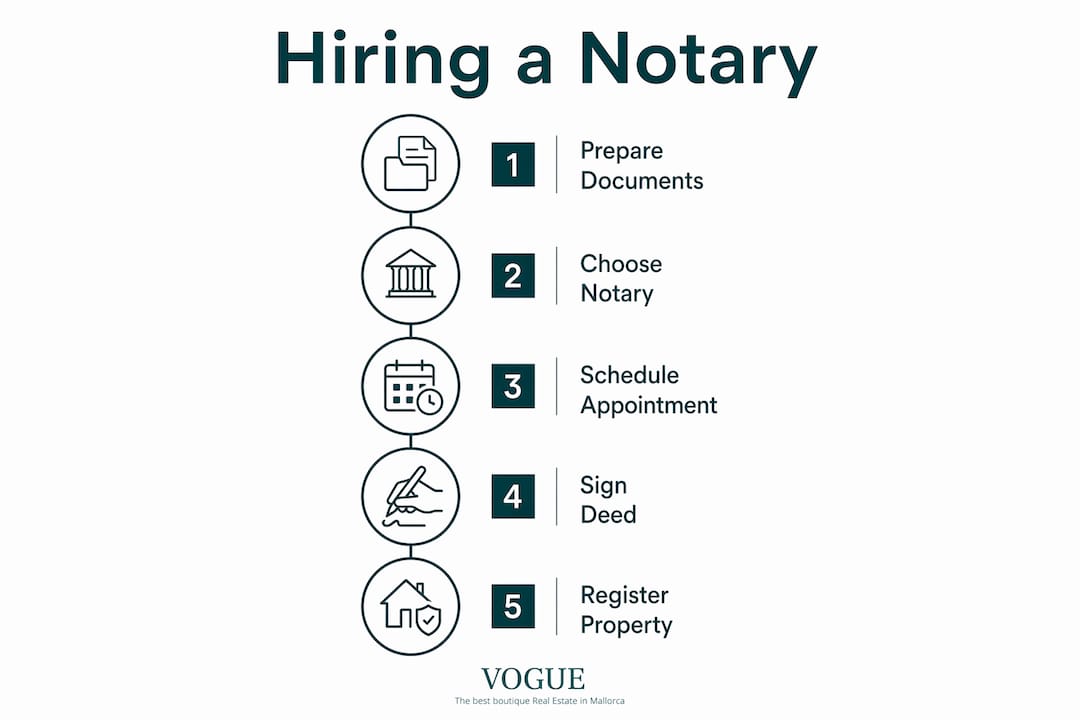 Infographic showing steps to hire Mallorca notary