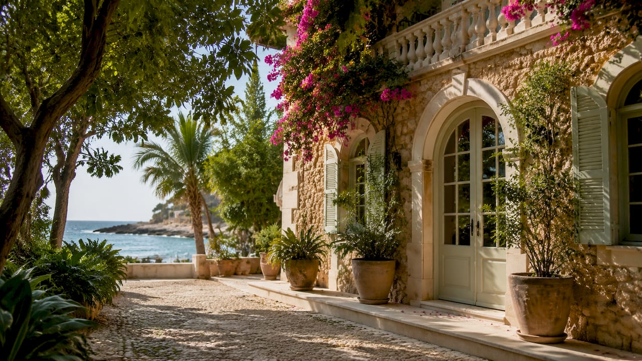 Close-up of Mallorca coastal property façade