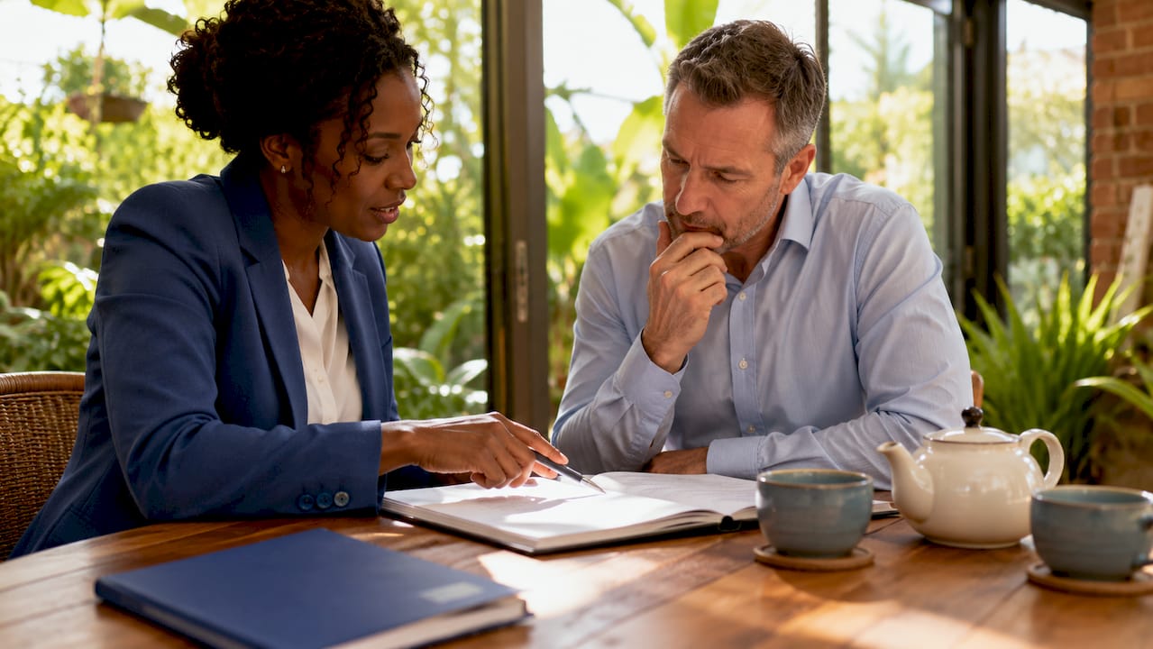 Two people discussing home insurance policy