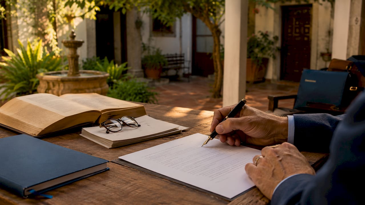 Signing property purchase contract in notary office