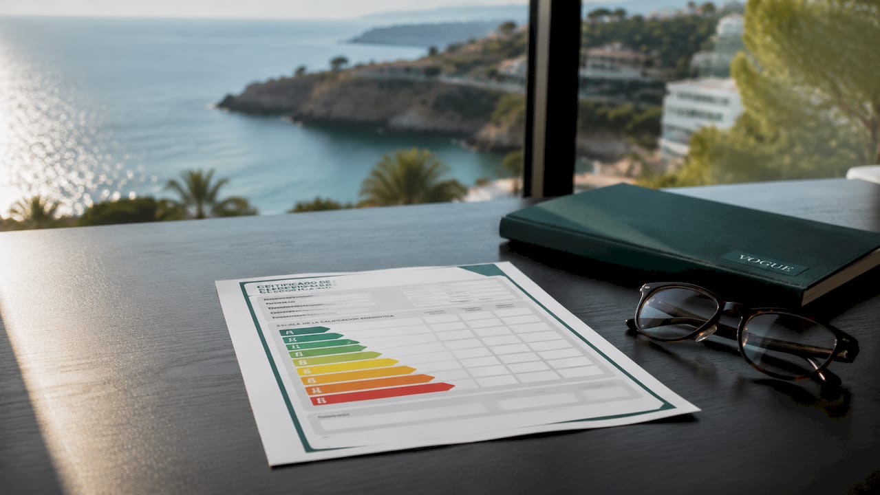 Energy certificate document with glasses and coastal light