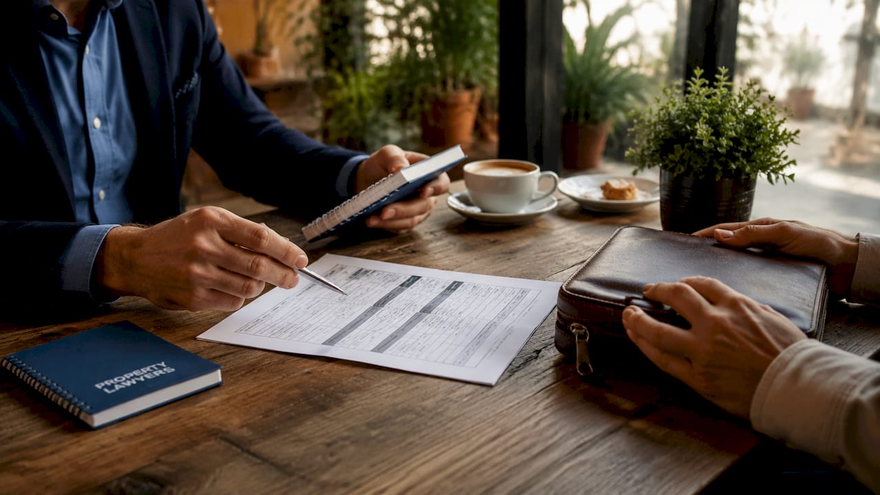 Hands discussing solicitor legal fees, calculator on table