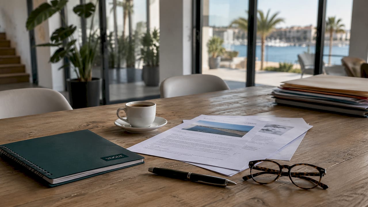 Overhead view of Mallorca property legal documents on desk