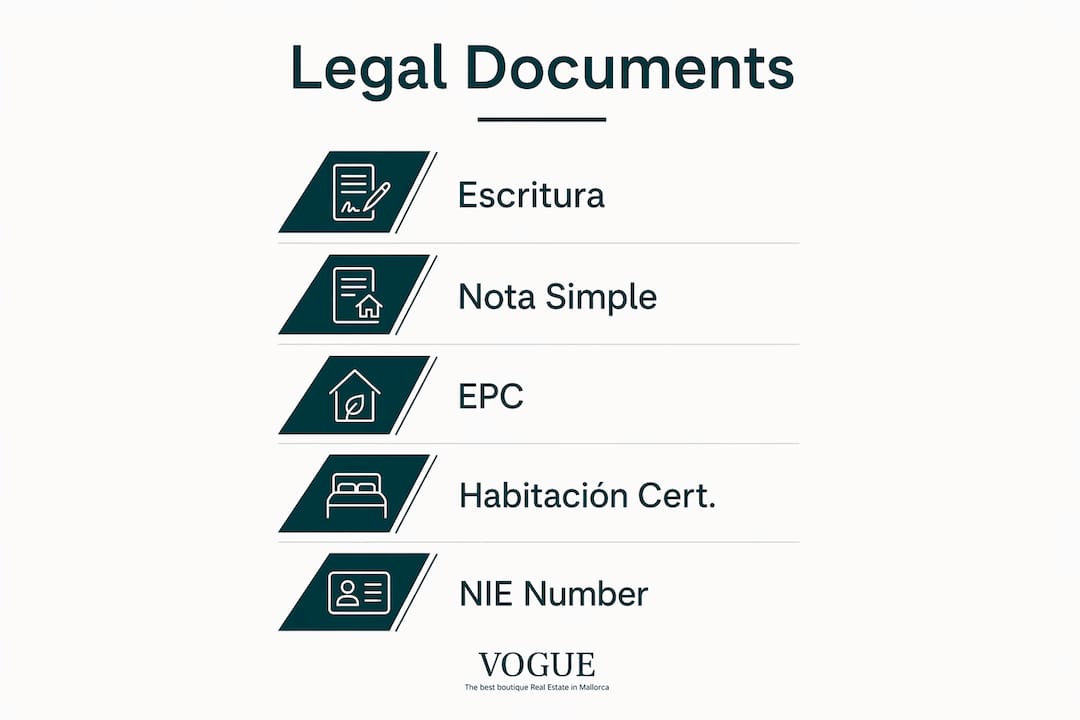 Infographic showing key legal documents for Mallorca home sale
