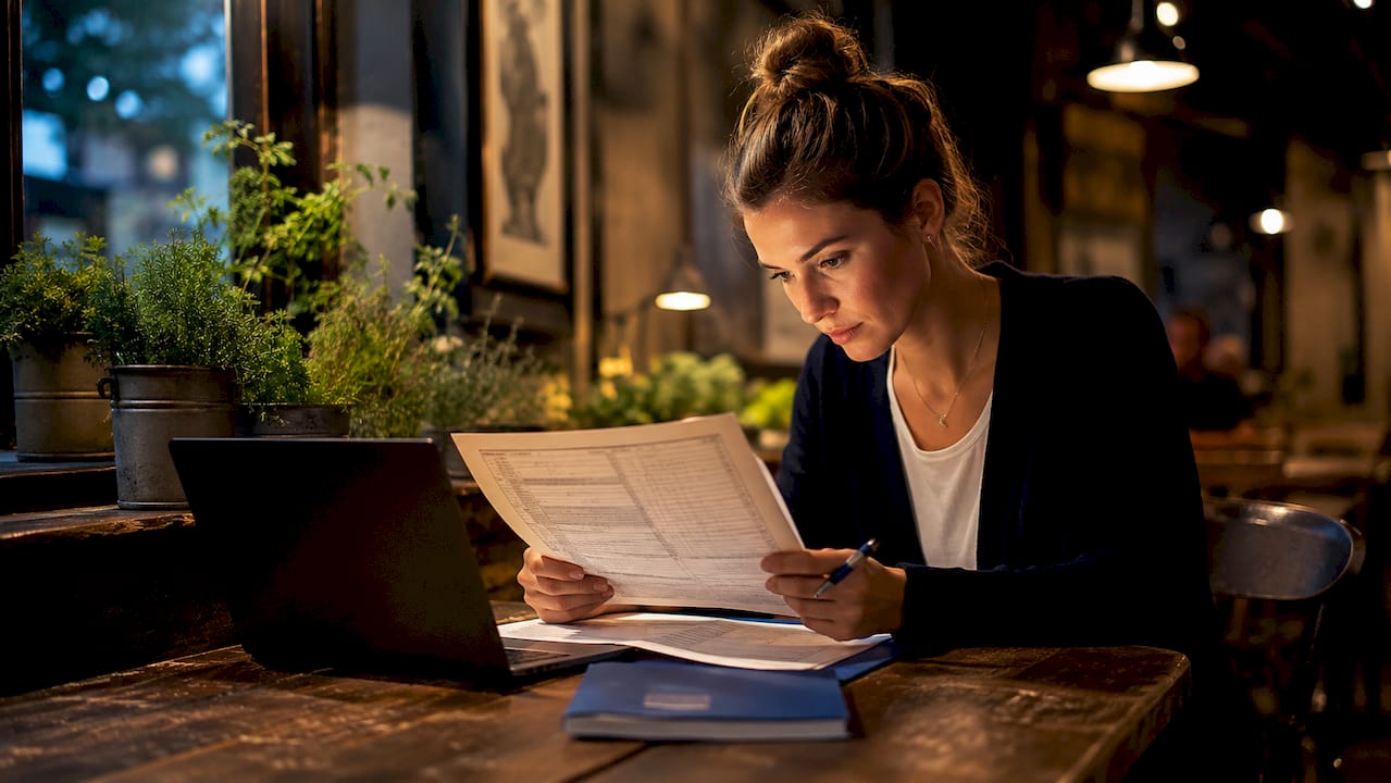 Buyer reviewing land registry documents at cafe
