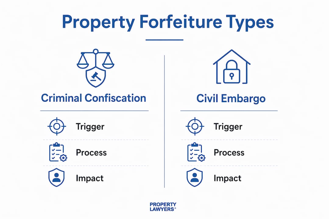 Infographic comparing criminal confiscation and civil embargo