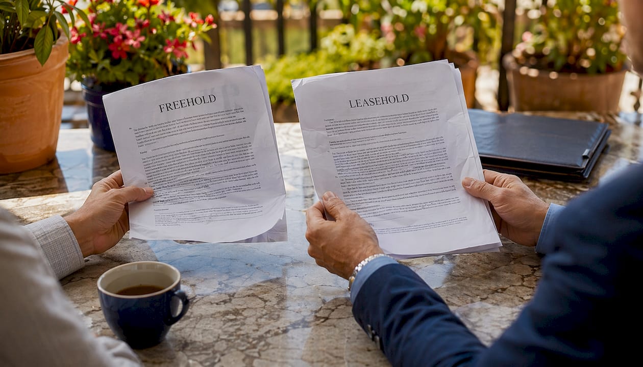 Hands comparing Spanish property ownership documents