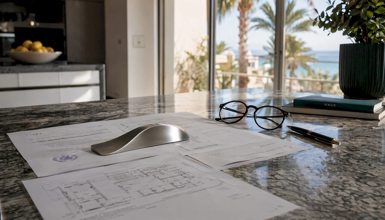 Close-up of Mallorca property licensing documents on table