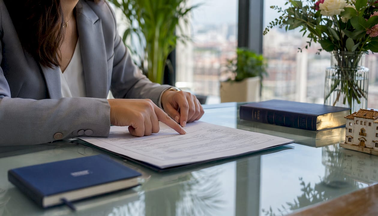 Hands pointing at Spanish property legal document