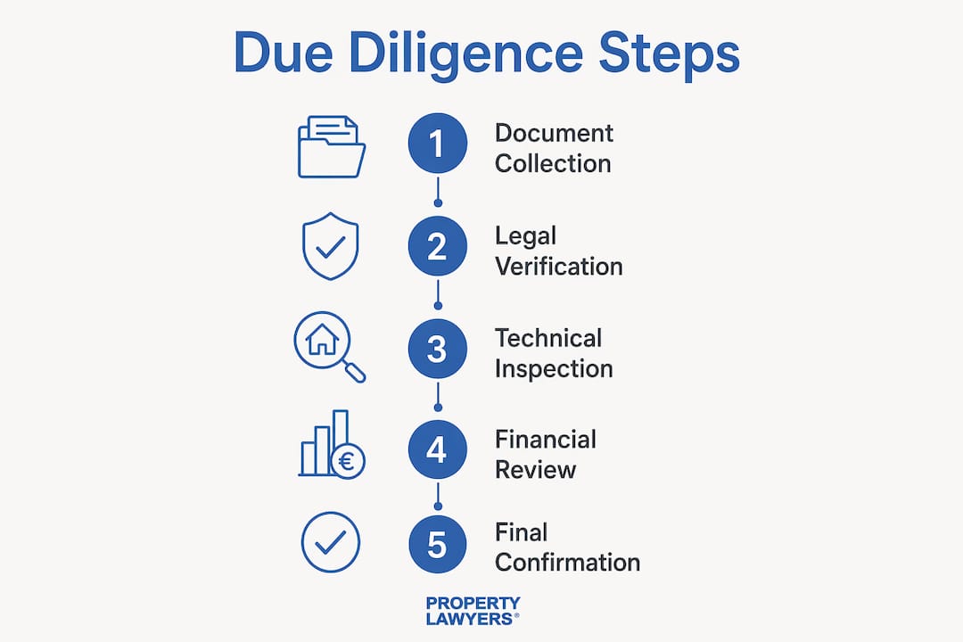 Infographic illustrating buyer due diligence steps in Spain