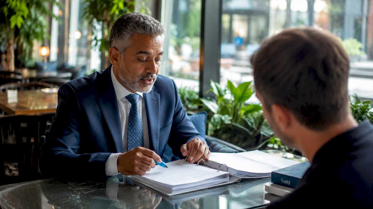 Lawyer explaining property contract in office