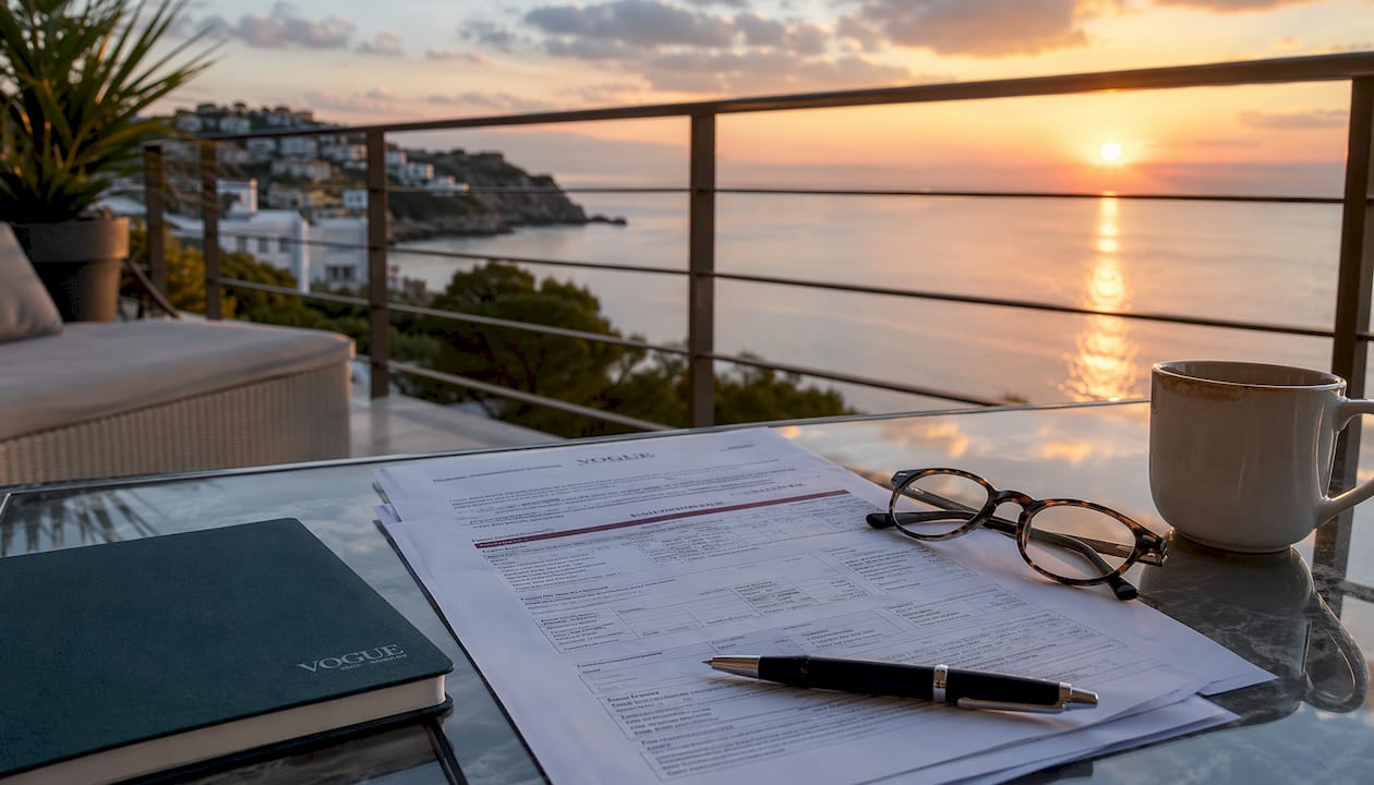 Documents on terrace table with sea view
