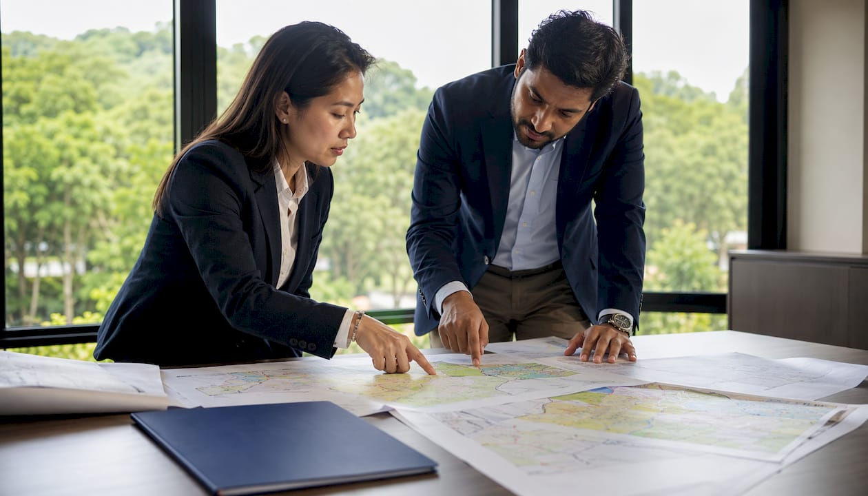 Professionals discussing regional planning maps