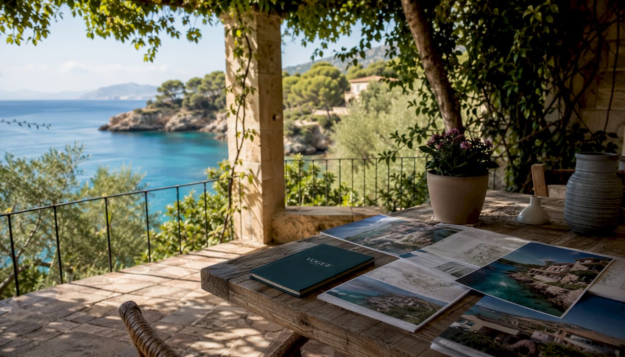 Terrace scene with architectural brochures and beach view