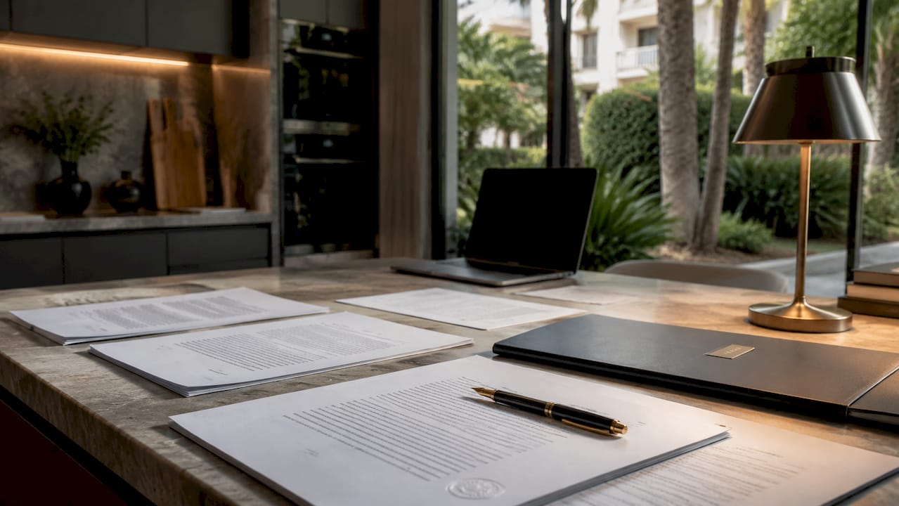 Legal documents and pen on desk in Mallorca home office