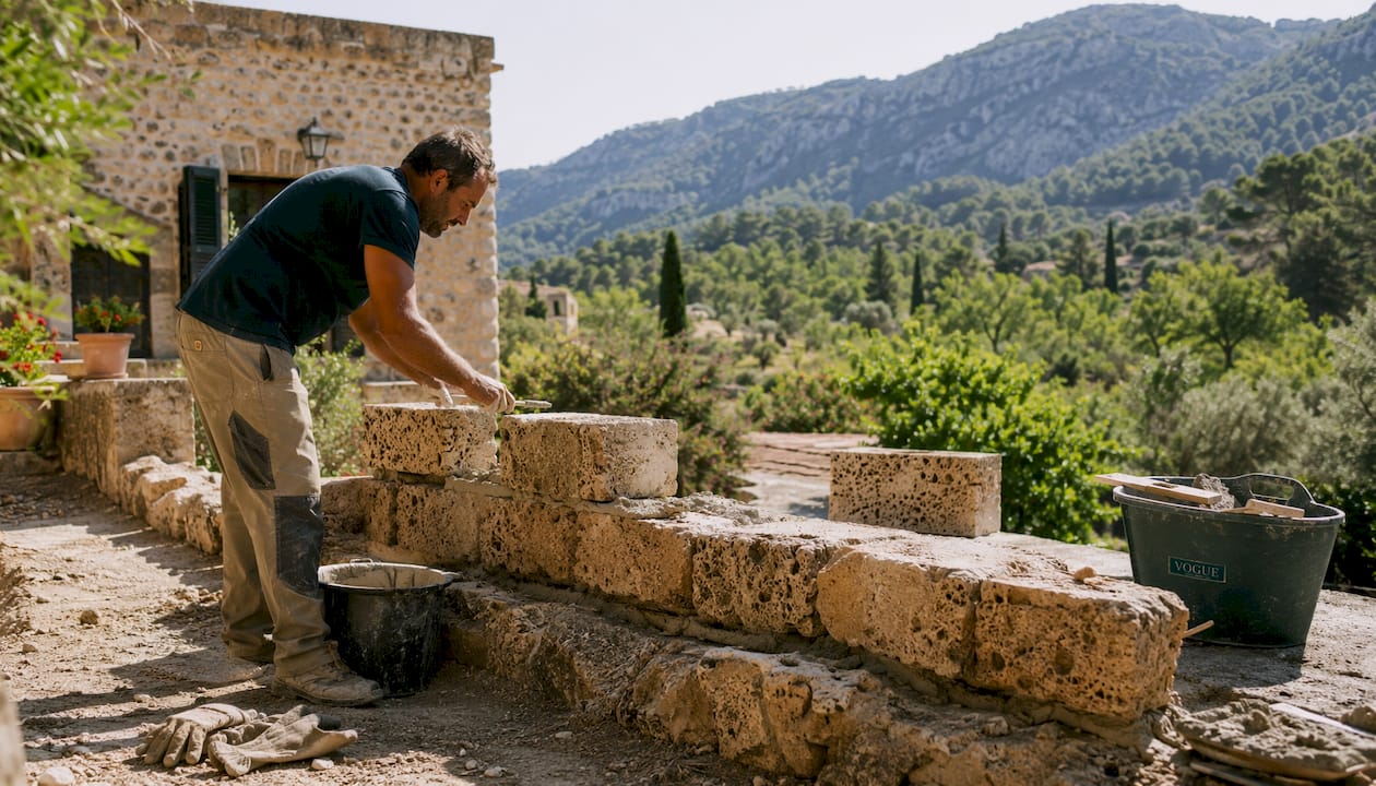 Hands laying stone bricks on Mallorca finca wall