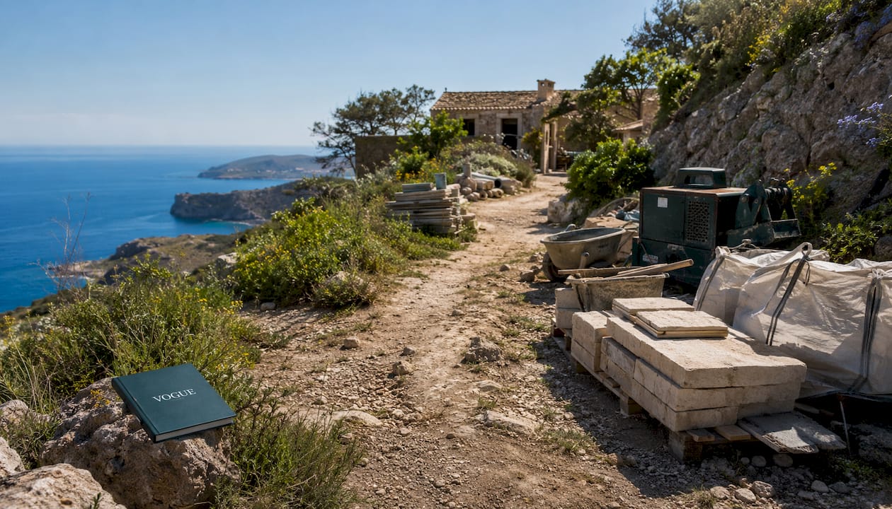 Unpaved track leading to rural Mallorca finca with delivery vans