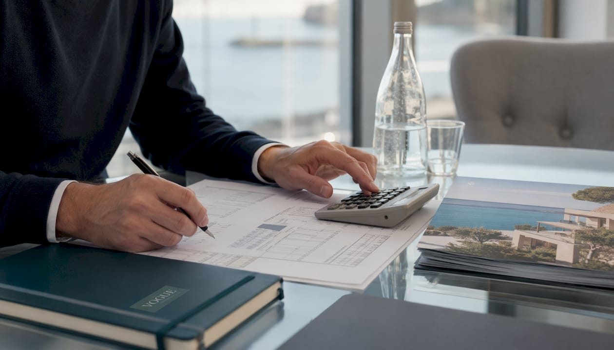 Hands using calculator for mortgage budget with Mallorca view